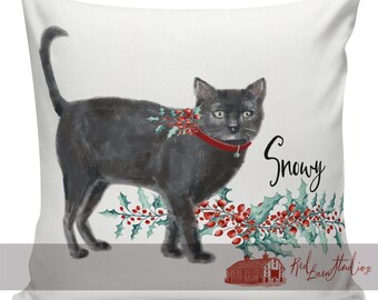 Christmas Cat, Black Cat, Gift for Cat Owner, Cat Pillow Cover, Custom Cat Pillow, Decorative Pillows, Watercolor Pillow, USA, #RB0125