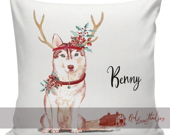 Personalized Dog Christmas Pillow, Custom Gift, Red Siberian Husky, Pillow Cover, Decorative Pillows, Gifts Under 50, Made in USA, #RB0139