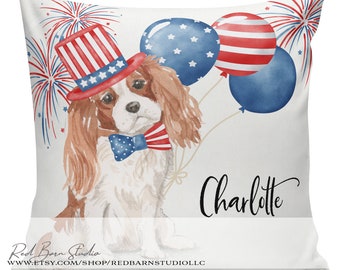 Gift for King Charles Cavalier, 4th of July Pillows, Flag Day, Gift for Dog Owner, Dog Gift, KCC Pillow Cover, Custom Dog Name Pillow#RB0175
