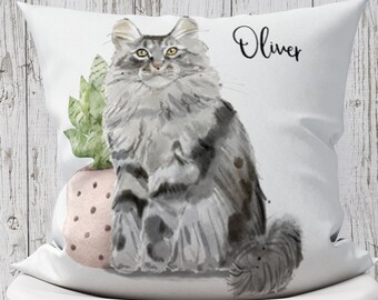 Maine Coon Cat, Gift for Cat Owner, Cat Pillow Cover, Custom Cat Pillow, Pillow Cover, Decorative Pillows, Watercolor Pillow, USA, #RB0087
