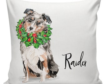 Personalized Dog Christmas Pillow, Aussie, Custom Gift, Australian Shepherd, Pillow Cover, Decorative Pillows, Made in USA, #RB0115