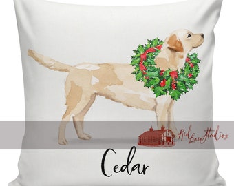 Personalized Dog Christmas Pillow, Custom Gift, Yellow Labrador, Yellow Lab, Pillow Cover, Decorative Pillows, Made in USA, #RB0073