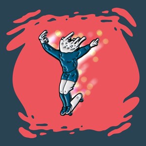 Peut inclure: Une épingle en émail bleu et blanc représentant une personne faisant du skateboard. La personne porte une chemise et un short bleus et a une tête blanche avec une couronne sur le dessus. Le skateboard est blanc avec des roues noires.