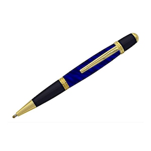 May include: A blue and gold ballpoint pen with a black tip and end. The pen has a gold clip and accents, and a blue marbled design on the barrel. The pen is angled on a white background.