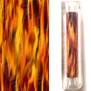 May include: A clear glass tube with a red, orange, and yellow flame design inside. The tube is about 1 inch in diameter and 3 inches long.
