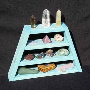 Rock Display Shelf Healing Crystal Case Blue Green Aquamarine Altar Trapezoid Wooden Stone Storage Backless Shadow Box Stand Essential Oil