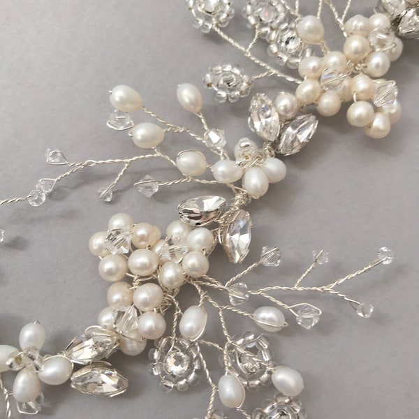 KAIA | Crystal and pearl wedding hair vine, floral inspired hair accessory, beaded bridal hair vine.