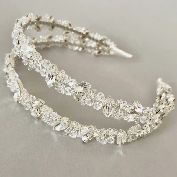 HARLOW | A crystal double bridal headband, a silver crystal wedding hair accessory, a silver beaded crystal bridal hair piece