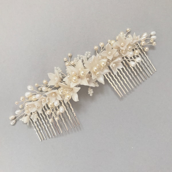 FLORENCE | Floral bridal hair comb, pearl floral wedding hair piece, pearl hair accessory