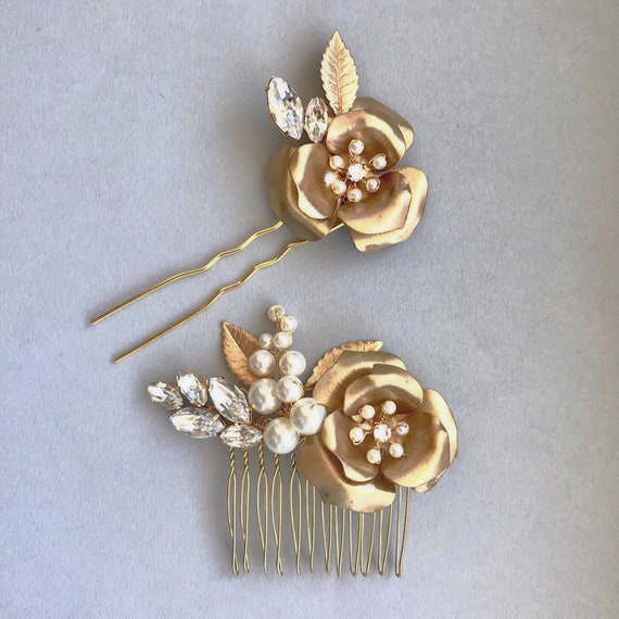 Vintage Gold Floral Hair Pins Amazon.com : 5 Pieces Gold Leaf Hair Pins Flower Pearl Hair  main image 3