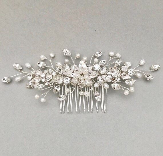 Elegant Silver Floral Hair Comb Tiara with crystals and Faux pearls. Amazon.com : Latious Silver Flower Wedding Hair Comb Pearl  main image 2