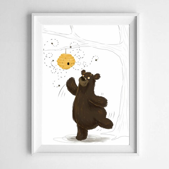 Honey Bee Bear Cub Wall Art Nursery Decoration Bee Hive Art Etsy