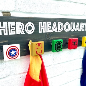 HERO HEADQUARTERS wall hooks | Super Hero Costume Holder | Backpack Holder | Wall Sign | Kids Jacket Hooks