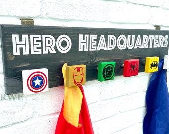 Hero Headquarters Wall Hooks | Kids Costume & Backpack Organizer