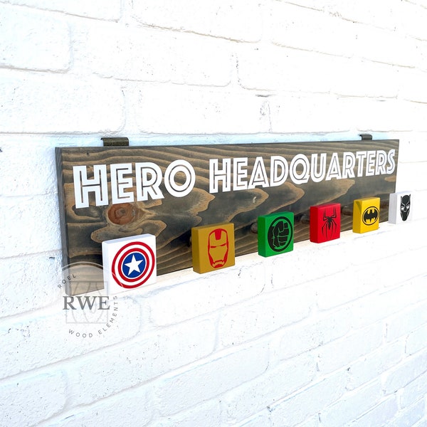 HERO HEADQUARTERS wall hooks | Super Hero Costume Holder | Backpack Holder | Wall Sign | Kids Jacket Hooks