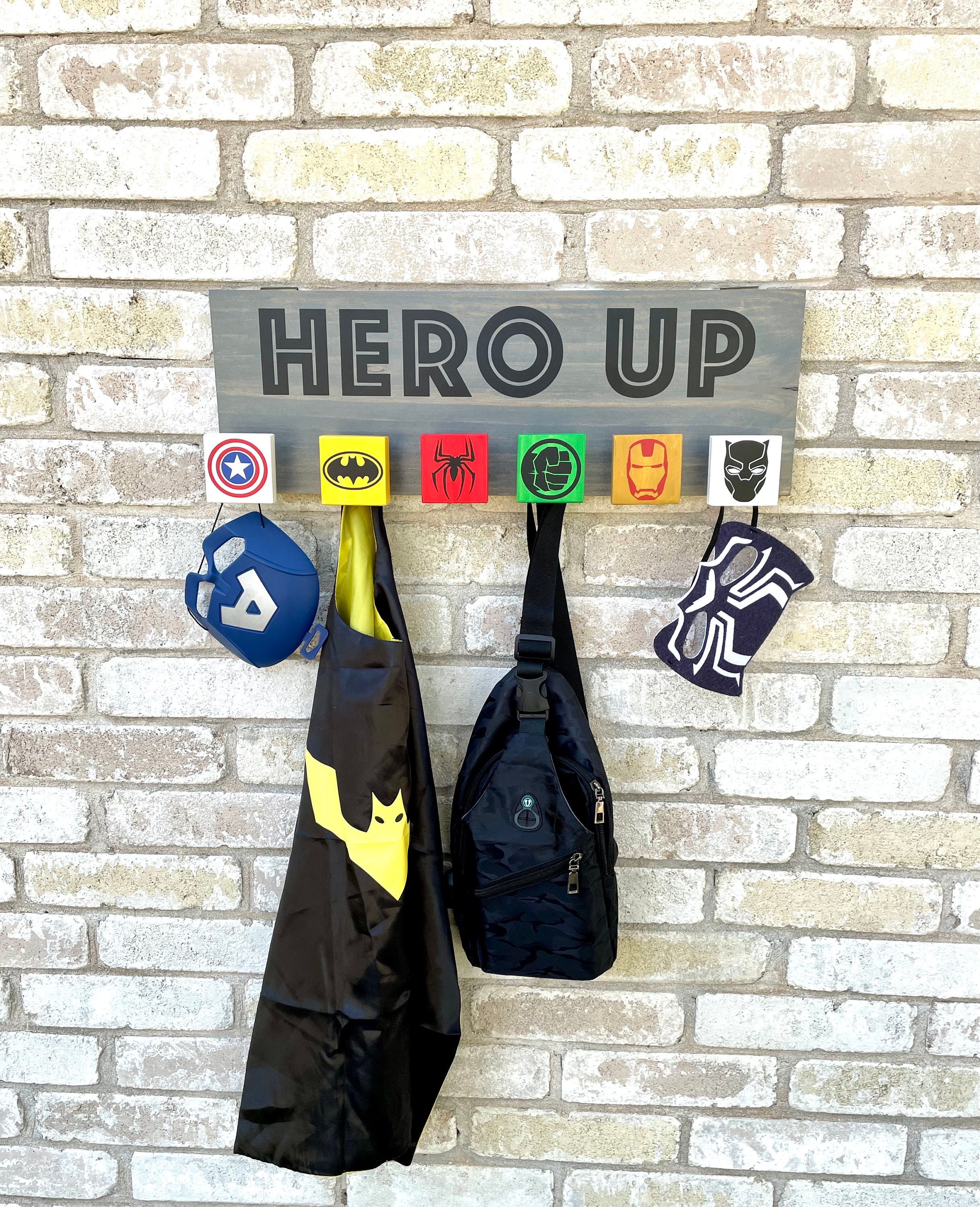 HERO UP Wall Hooks Super Hero Costume Holder Backpack Holder Wall Sign Kids Jacket Hooks Etsy