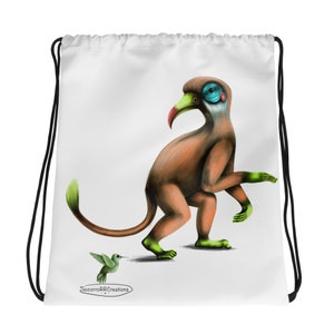 May include: White drawstring bag with a colorful illustration of a bird-like creature with a long tail and a hummingbird. The text "SocorroRRCreations" is at the bottom of the bag.