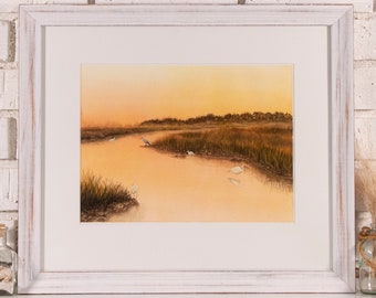 Sunrise Over the Salt Marsh (Framed Original Watercolor)