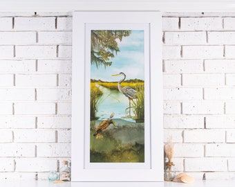 Great Blue Heron in the Marsh (Framed Original Watercolor)