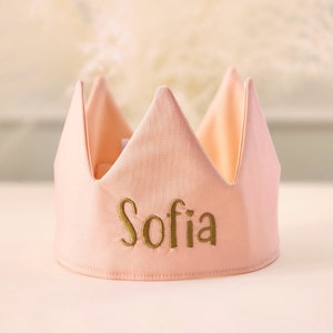 Peach Personalized birthday crown, First Birthday Crown, fabric kids crown, embroidered birthday crown, Princess Crown, Costume Crown image 1