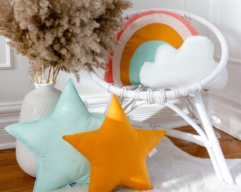 Mustard Star pillow, Mint Star pillow, Rainbow Pillow, White Cloud Pillow, Nursery Pillows, Moon nursery decor, kids pillows,kids room decor