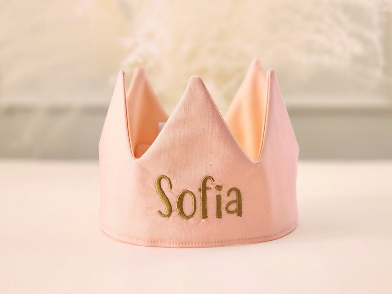 Peach Personalized birthday crown, First Birthday Crown, fabric kids crown, embroidered birthday crown, Princess Crown, Costume Crown image 1
