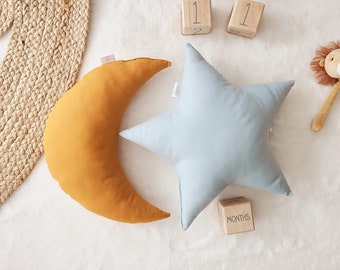 Set di cuscini per l'arredamento della scuola materna, cuscino Luna ocra e stella blu, cuscino stella, cuscino lunare, set di cuscini per bambini, arredamento della camera dei bambini, set di cuscini per bambini