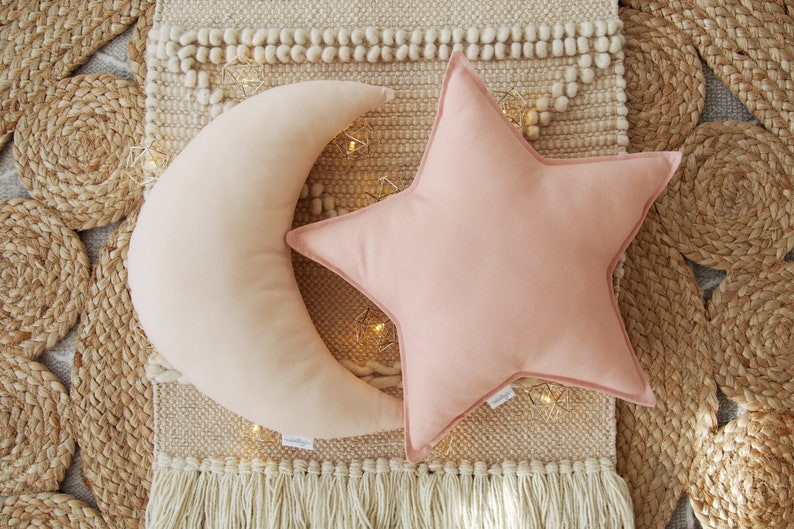 Nursery Decor Pillow Set Beige Moon and Pink Star Pillow image 1