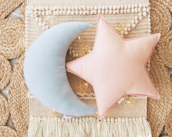 Nursery Decor Pillow Set, Blue Moon and Pink Star Pillow, Star Cushion, Moon Cushion, kids pillow set,Kids Room Decor,Toddler pillow set