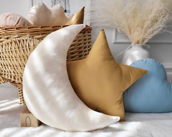 Oatmeal Beige Moon pillow, Camel Star pillow, Light Blue Cloud Pillow, Nursery Pillows, kids pillows, kids room pillow