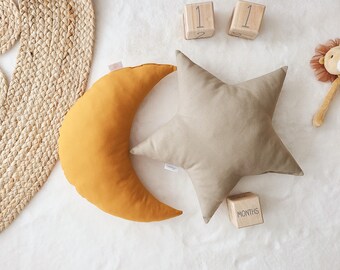 Kussenset kinderkamer, oker maan en kaki sterkussen, sterkussen, maankussen, kinderkussenset, kinderkamerdecor, peuterkussenset