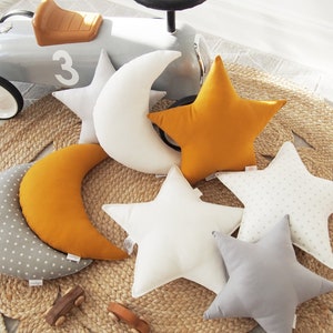 Ochre Moon pillow, White Gray Moon Shaped Pillow, Star pillow, Moon cushion,Nursery Pillows,Moon nursery decor,kids pillows, kids room decor