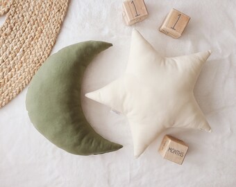 Kussenset kinderkamer, groene maan en ivoor sterkussen, sterkussen, maankussen, kinderkussenset, kinderkamerdecor, peuterkussenset