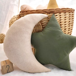 Oatmeal Beige Moon pillow, Hunter Green Star pillow, Nursery Pillows, kids pillows, kids room pillow