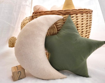 Havermoutbeige maankussen, Hunter Green Star-kussen, kinderkamerkussens, kinderkussens, kinderkamerkussen