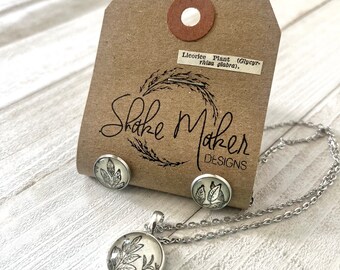 Conjunto de collar y aretes de planta de regaliz • Collar de arte enciclopedia • Collar de regaliz • Pendientes de regaliz • Joyas de flores • Regaliz