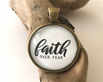Faith Based Jewelry- Faith Over Fear, Antique Bronze Pendant Necklace, Word Based Jewelry