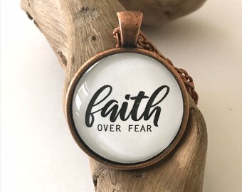Faith Based Jewelry- Faith Over Fear, Antique Copper Pendant Necklace, Word Based Jewelry