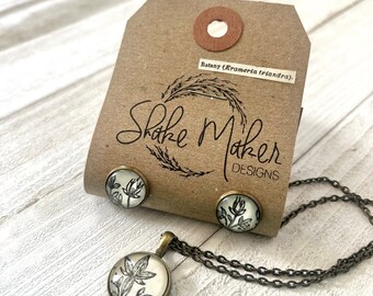 Conjunto de collar y aretes de plantas de Ratany • Collar de arte de la enciclopedia • Collar de Ratany • Aretes de Ratany • Joyas de flores • Ratany