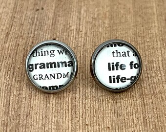 Pendientes Gramma Life Stud • Pendientes de diccionario • Pendientes de palabras • Joyería de la abuela • Regalo de la abuela