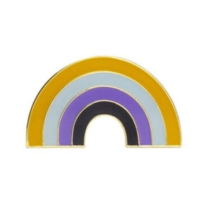 May include: A rainbow pin with yellow, light blue, purple, black, and purple stripes. The pin is shaped like a rainbow arch.