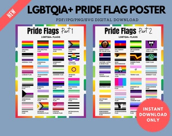LGBTQIA+ Pride Flags Poster | Pride Flags 1 & 2 | LGBTQ Flag | LGBT Gift | Wall Art Decor | Poster to Print | Instant Download 4 Files