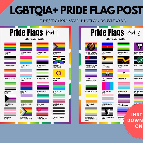 LGBTQIA+ Pride Flags Poster | Pride Flags 1 & 2 | LGBTQ Flag | LGBT Gift | Wall Art Decor | Poster to Print | Instant Download 4 Files