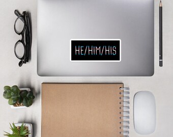 May include: A black and white sticker with the text "HE/HIM/HIS" in blue and pink lettering. The sticker is on a silver laptop.