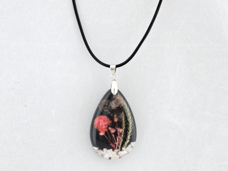 Teardrop Dried Flower Epoxy Resin Pendant Necklace. Leather Cord. Gift