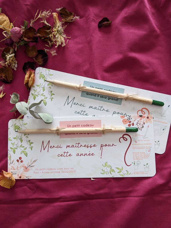 Cadeau Maîtresse • Carte & crayon à planter personnalisé • Merci nounou • Cadeau fin d'année maître • Carte atsem
