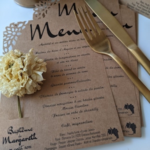 Menú Boda Campestre, Menú Kraft, Menú Personalizado, Flores Secas