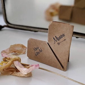 Mark place kraft Corazón Origami, Titular del nombre de la boda, Bautismo personalizado