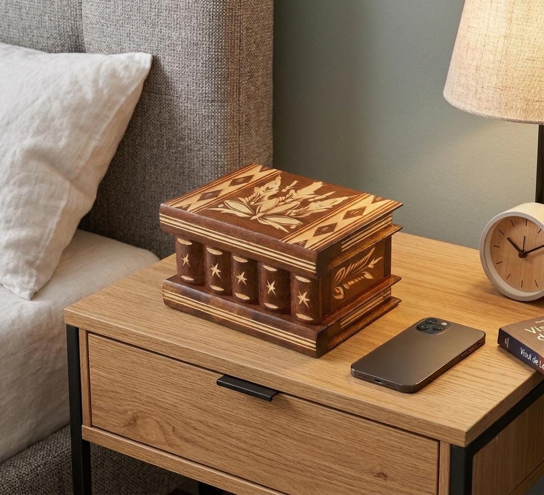 Hand-carved Transylvanian Motifs, Puzzle Box With 3 Hidden