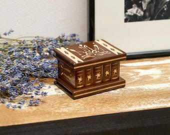 Caja de anillos con rompecabezas, caja de madera con cerradura y llave secretas para niños, 3 pasos para abrir.
